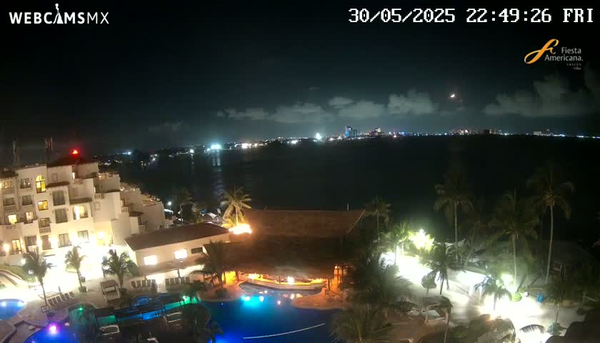 A nighttime view of a resort complex with pools and palm trees, overlooking a calm body of water and a distant city skyline under a partly cloudy sky.