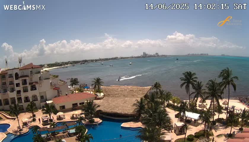 A sunny day overlooking a resort with a swimming pool, palm trees, and a beach next to a calm ocean with a city skyline in the distance.
