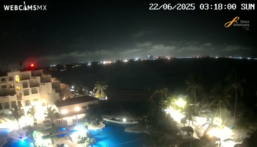 A nighttime view of a resort with illuminated pools and palm trees overlooking a dark body of water with a city skyline faintly visible in the distance under a partly cloudy sky.
