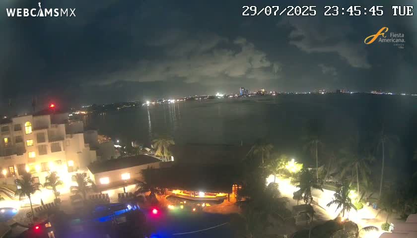 A nighttime view of a resort complex with a swimming pool, illuminated buildings, and palm trees, overlooking a calm body of water with distant city lights.