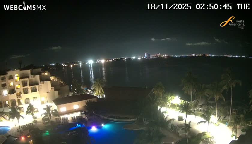 A nighttime view shows a resort with illuminated pools and buildings overlooking a dark body of water with a city skyline faintly visible in the distance under a mostly clear sky.