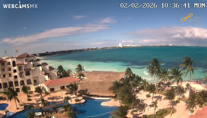 Cancún City Skyline & Carribean Coast from Fiesta Americana Live Cam - Zona Hotelera (Hotel Zone), Cancun, Quintana Roo, Mexico