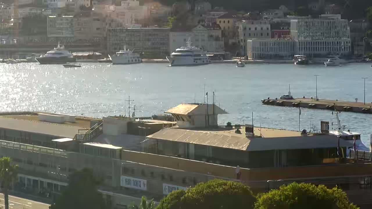 A harbor with several boats, a building with a flat roof, and a city in the background on a sunny day.