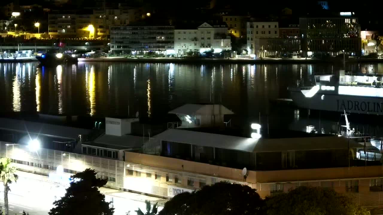 A nighttime view of a harbor with boats docked, buildings along the waterfront lit up, and calm water reflecting the city lights.
