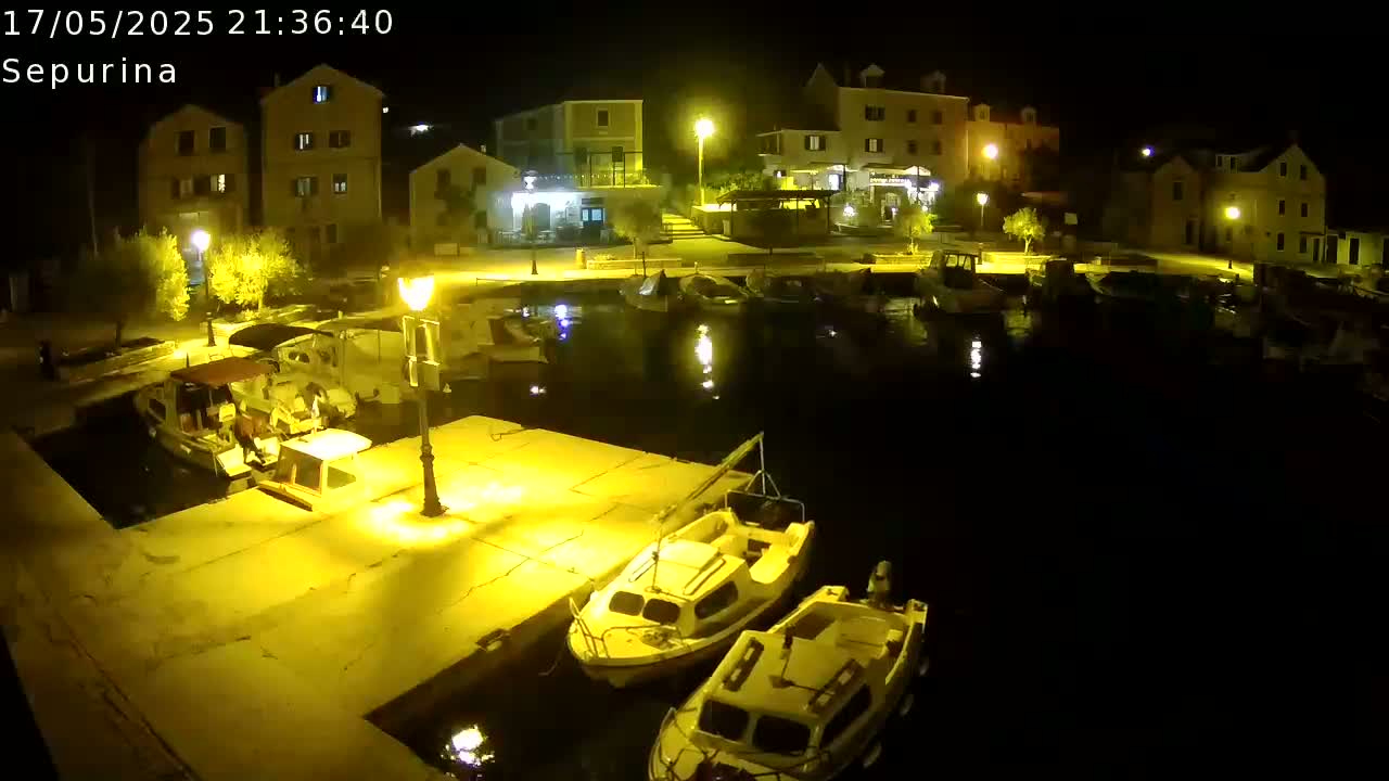 At night, several small boats are docked in a harbor next to buildings illuminated by streetlights.
