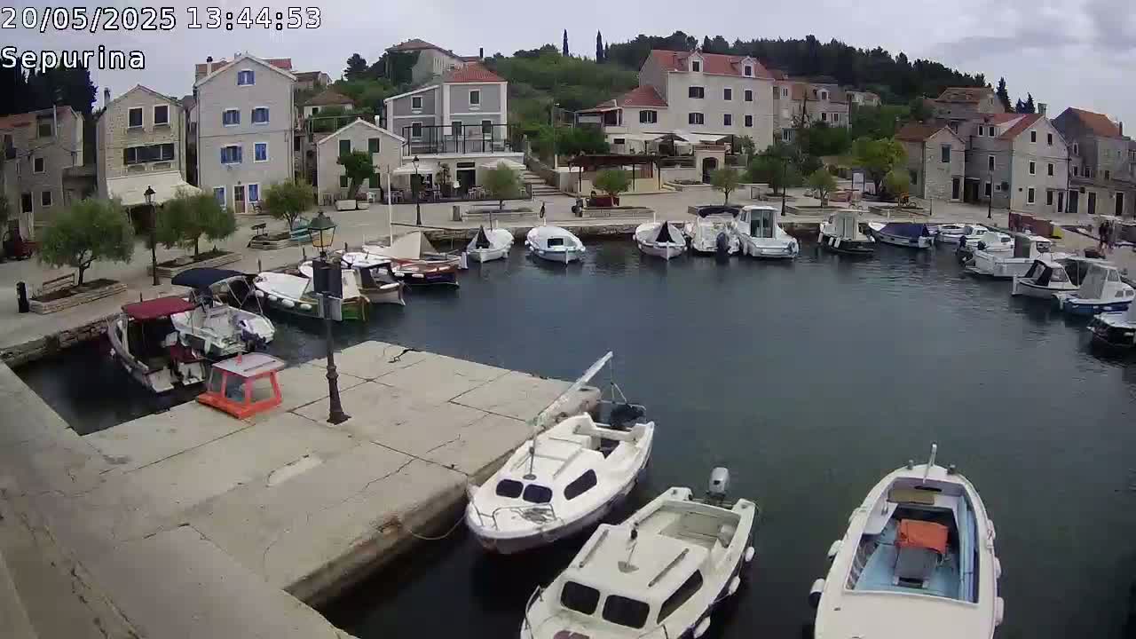 A harbor filled with numerous small boats is nestled beside a small town under an overcast sky.