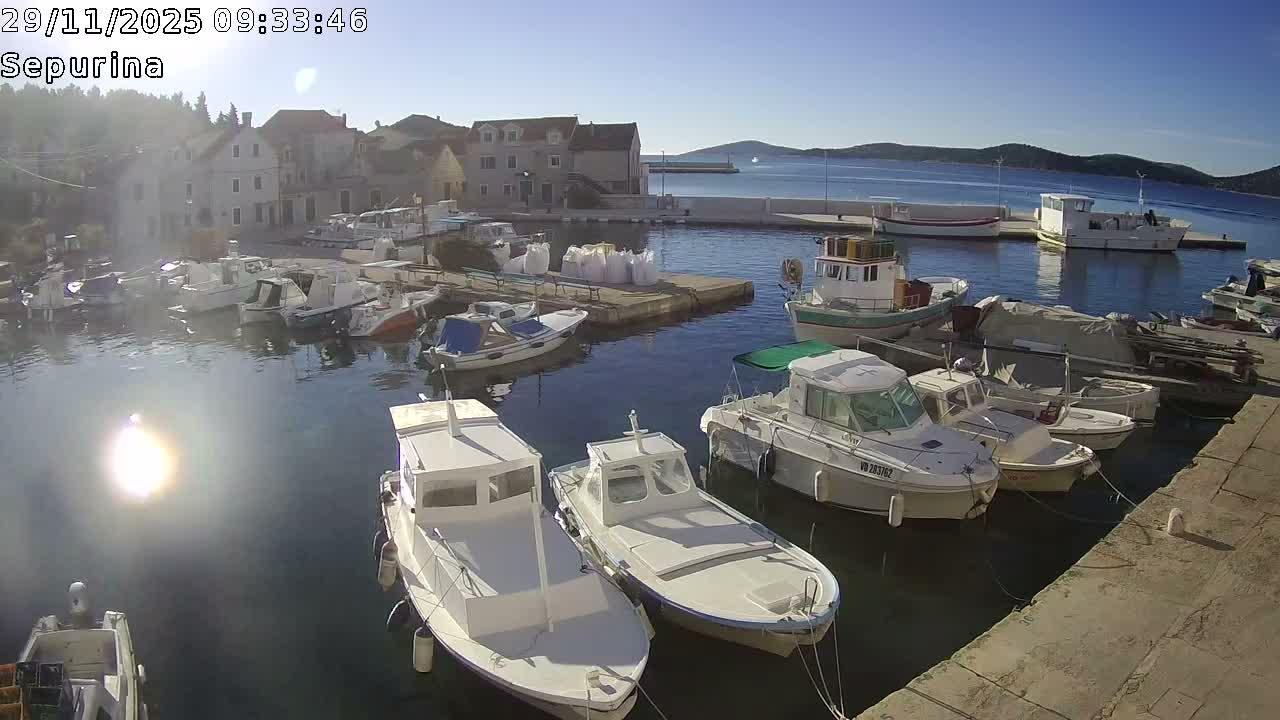 Numerous boats are moored in a sunny harbor surrounded by traditional buildings and distant hills, all under a clear blue sky.