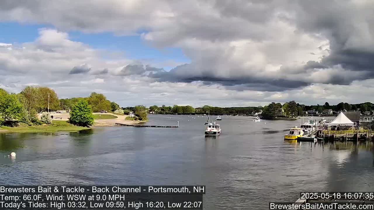 Several boats are moored at a dock on a calm river under a partly cloudy sky.