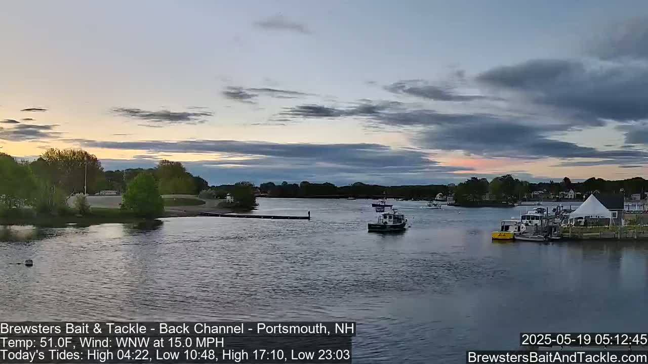 Several boats are moored near a waterfront area under a mostly cloudy, twilight sky.