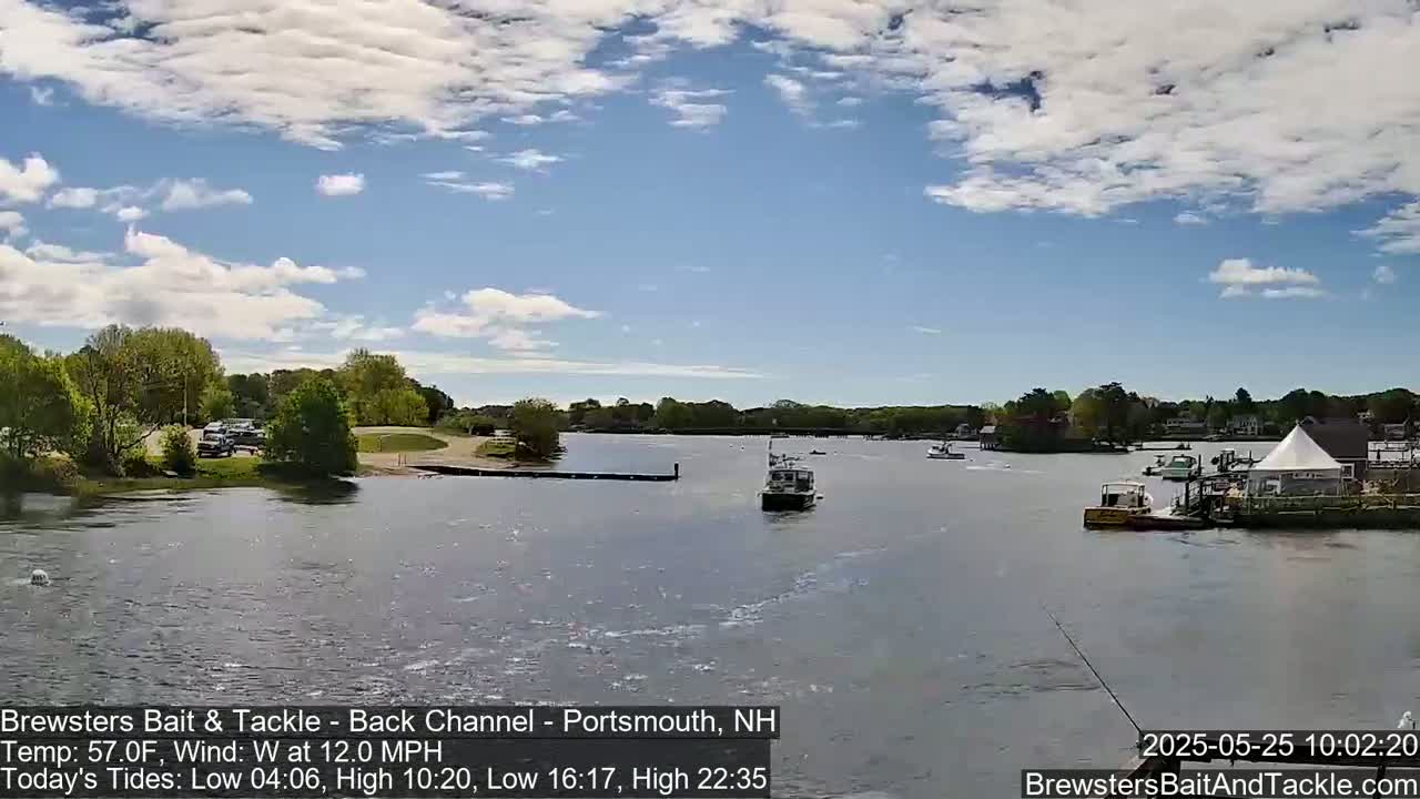 Several boats are on a calm body of water under a partly cloudy sky, with green trees and buildings visible along the shoreline.