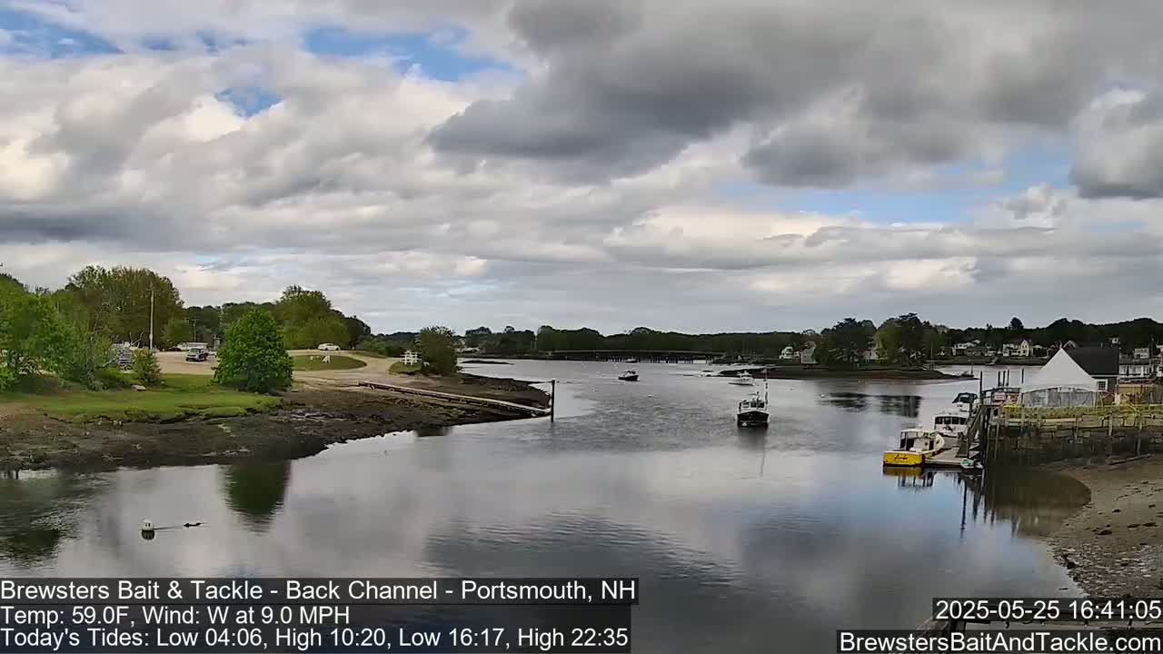 A calm river with several small boats is seen under a partly cloudy sky.