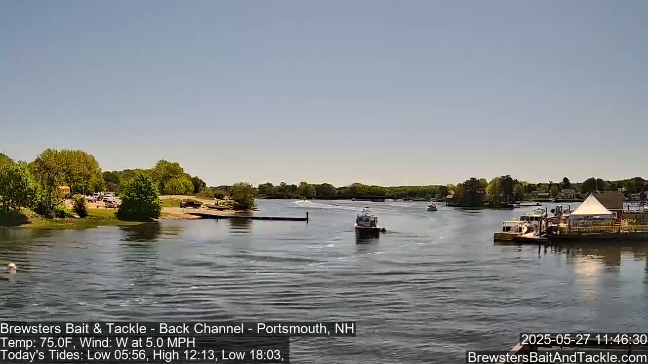 A calm, sunny day on a waterway shows several boats near a shore with green trees and a building with a white tent.