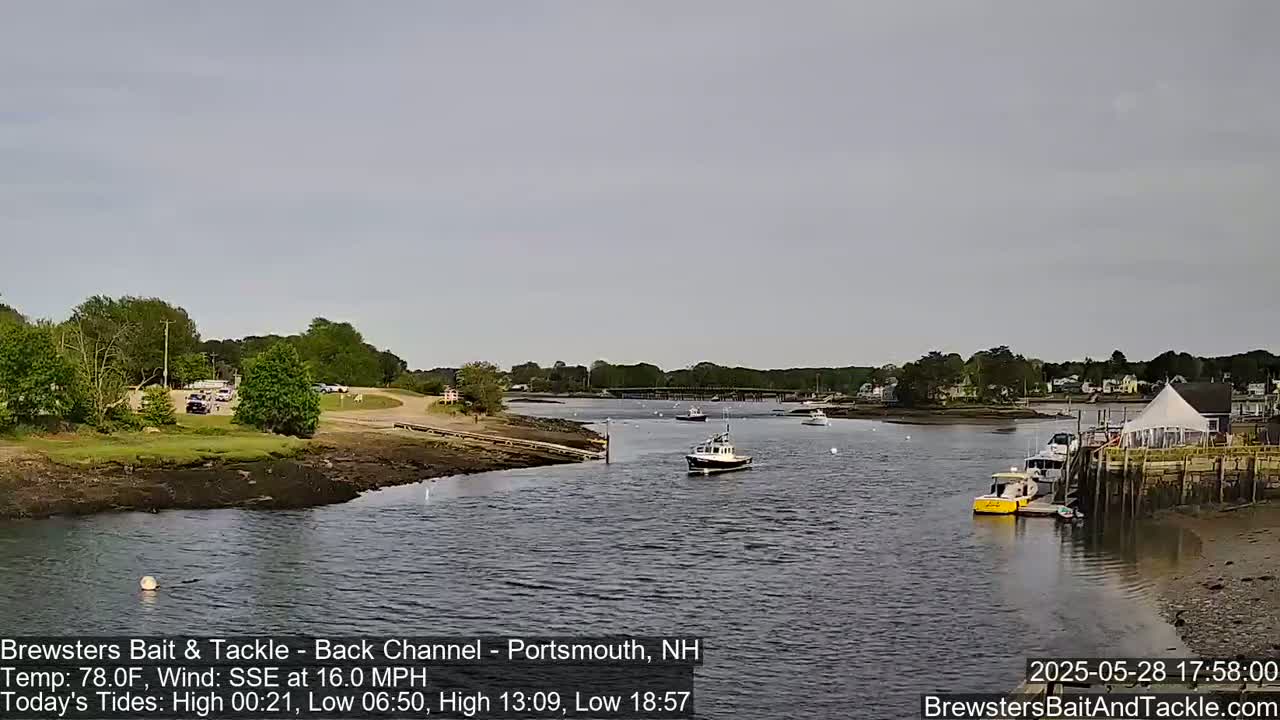 A calm body of water with several boats, a shoreline with trees and buildings, and a partly cloudy sky.