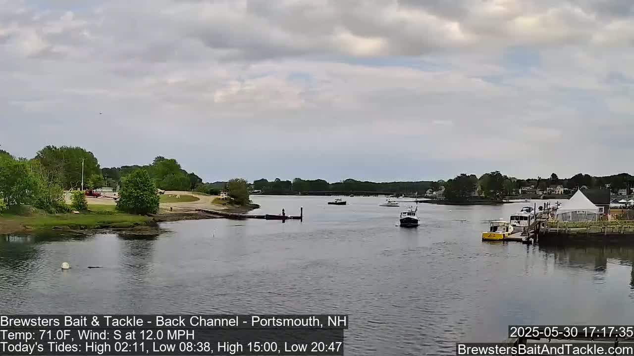 Several boats are moored at a dock along a calm waterway under a partly cloudy sky.