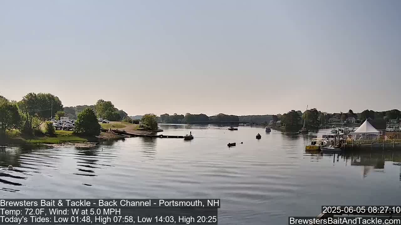 A calm river scene under a clear sky shows a parking lot filled with cars, several small boats on the water, and a large white tent on the shore.