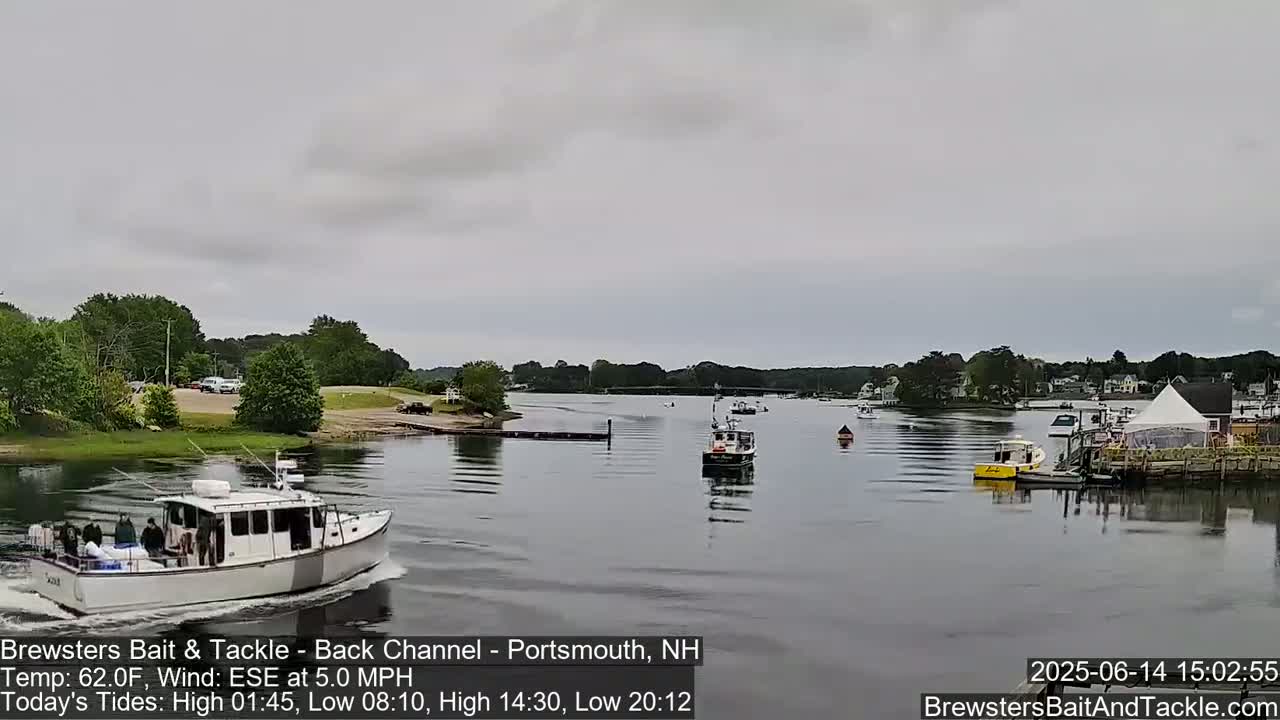 A calm, overcast day shows a waterway with several small boats moored near a shoreline with green trees and buildings.