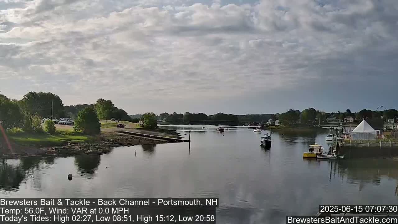 A calm river flows past a parking lot and shoreline with several small boats and a white tent visible; the sky is mostly cloudy.