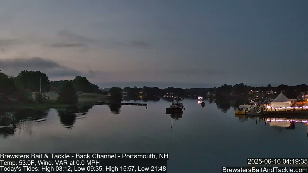 A calm, dark-blue body of water at twilight, reflecting the lights of a waterfront town with boats moored at a dock under a mostly clear sky.
