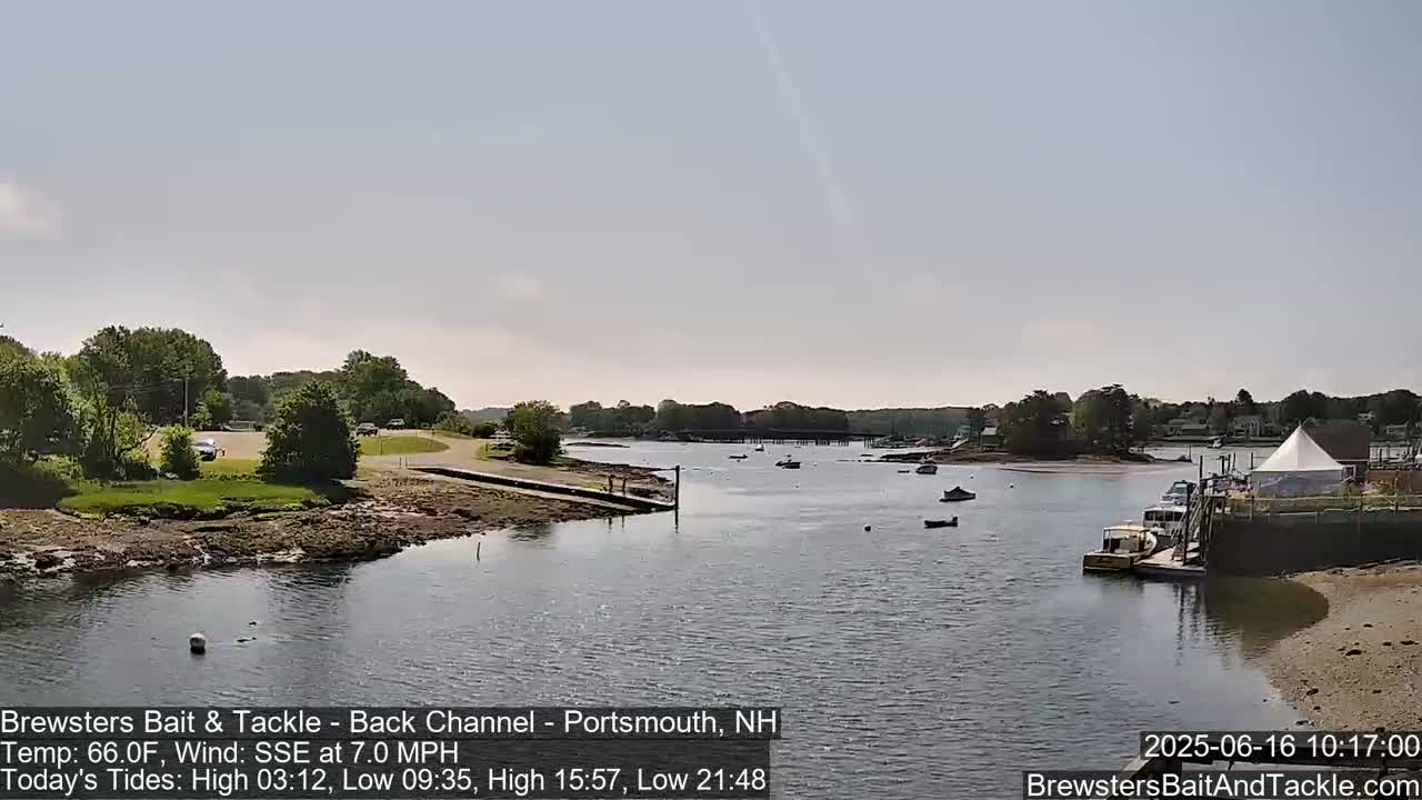 A calm waterway with several small boats, viewed from a slightly elevated vantage point on a sunny day, shows a shoreline with trees and a parking area.