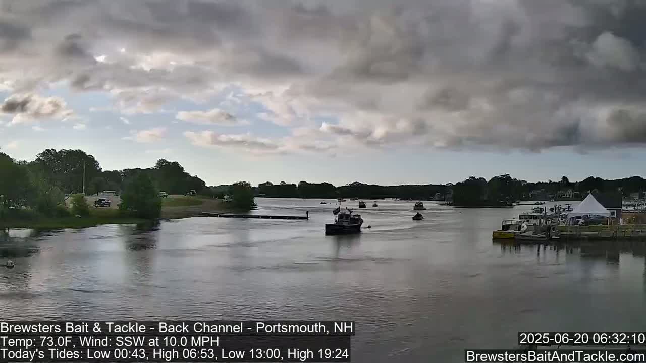 Several boats are on a river under a mostly cloudy sky.