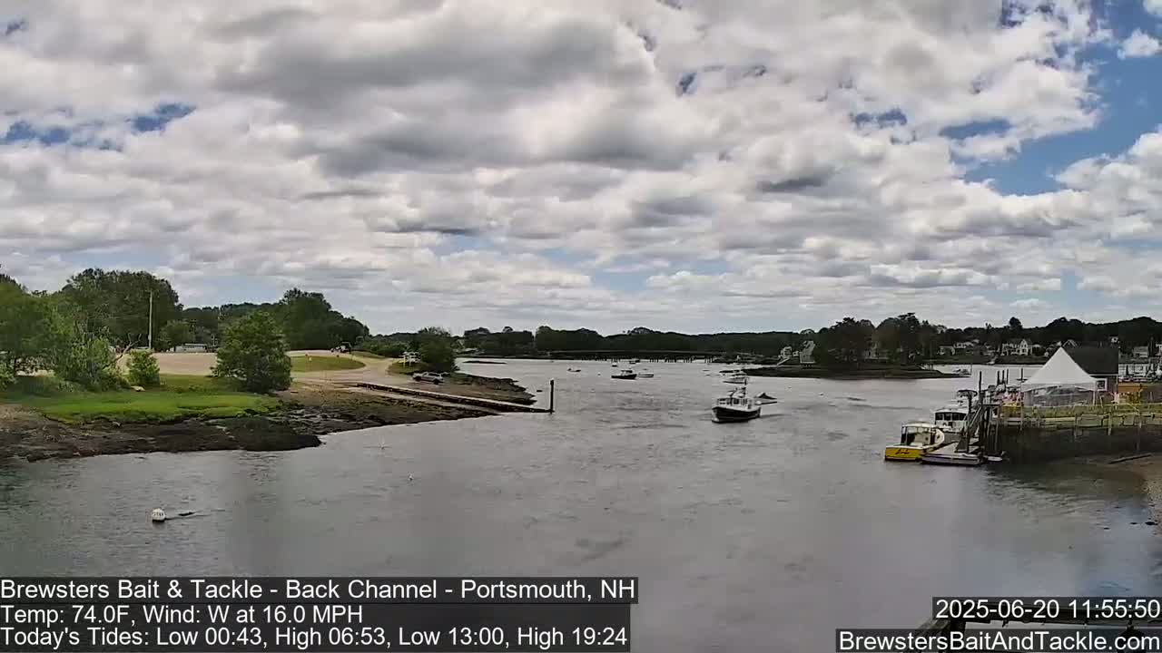 A partly cloudy day shows a calm river with several small boats, a shoreline with trees and buildings, and a large white tent near a dock.