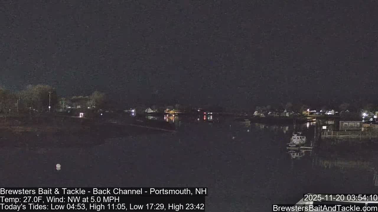 A serene nighttime scene depicts a dark, calm body of water reflecting the distant lights of waterfront buildings and a moored boat under a clear sky.