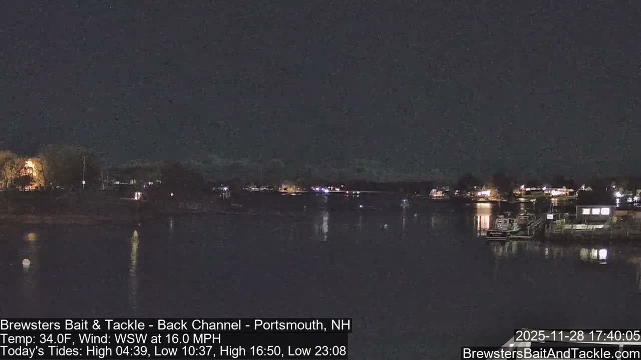 A clear, dark night scene reveals a wide body of water reflecting scattered lights from numerous distant buildings and docks along the opposite shore, with a few boats visible near the right bank.