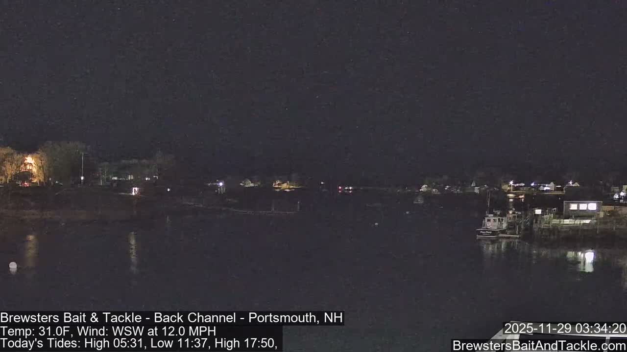 A clear night over a calm channel reveals distant illuminated buildings and boats moored along the right shore.