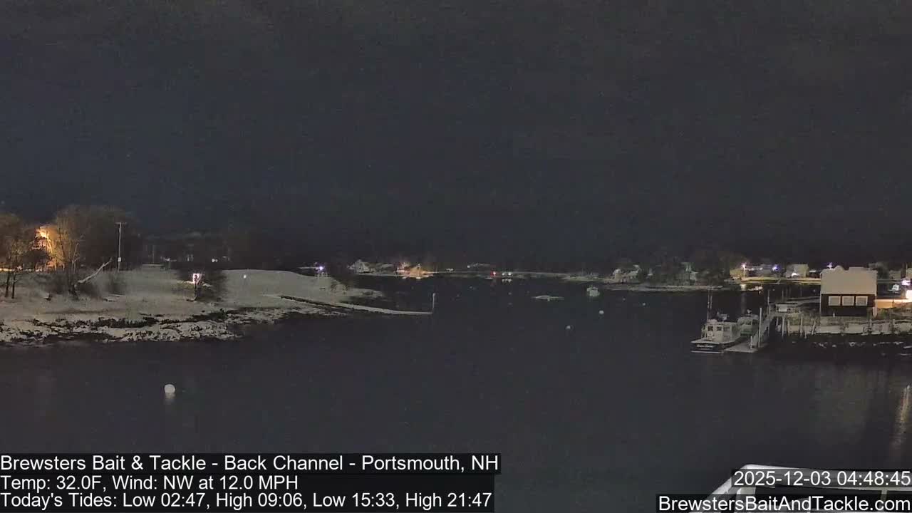 A dark, snowy night scene captures a tranquil waterway with a boat moored at a pier on the right, while distant lights illuminate the snow-covered banks.