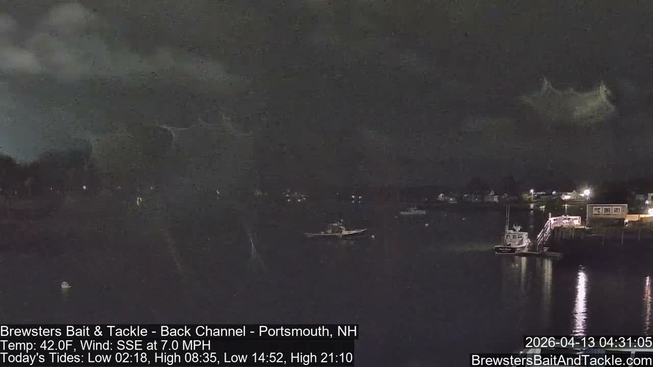 A dark, snowy night scene captures a tranquil waterway with a boat moored at a pier on the right, while distant lights illuminate the snow-covered banks.