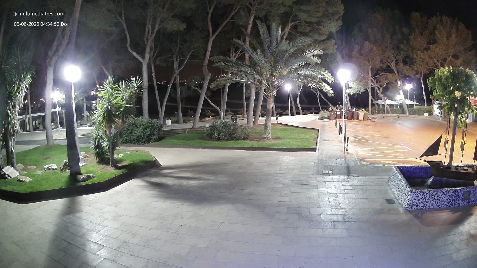 A nighttime view of a paved plaza with palm trees and other vegetation, illuminated by streetlights, near a body of water under a clear sky.