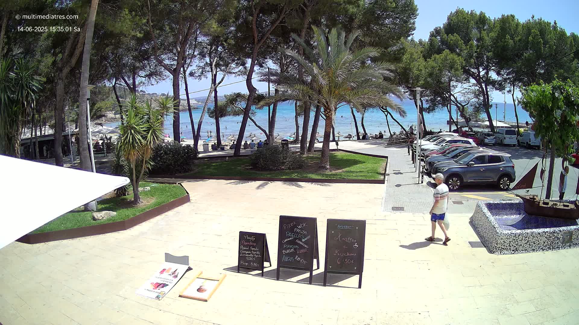 A sunny beachfront scene shows a parking lot near a beach with people swimming and relaxing,  palm trees and other vegetation, and several menu boards.