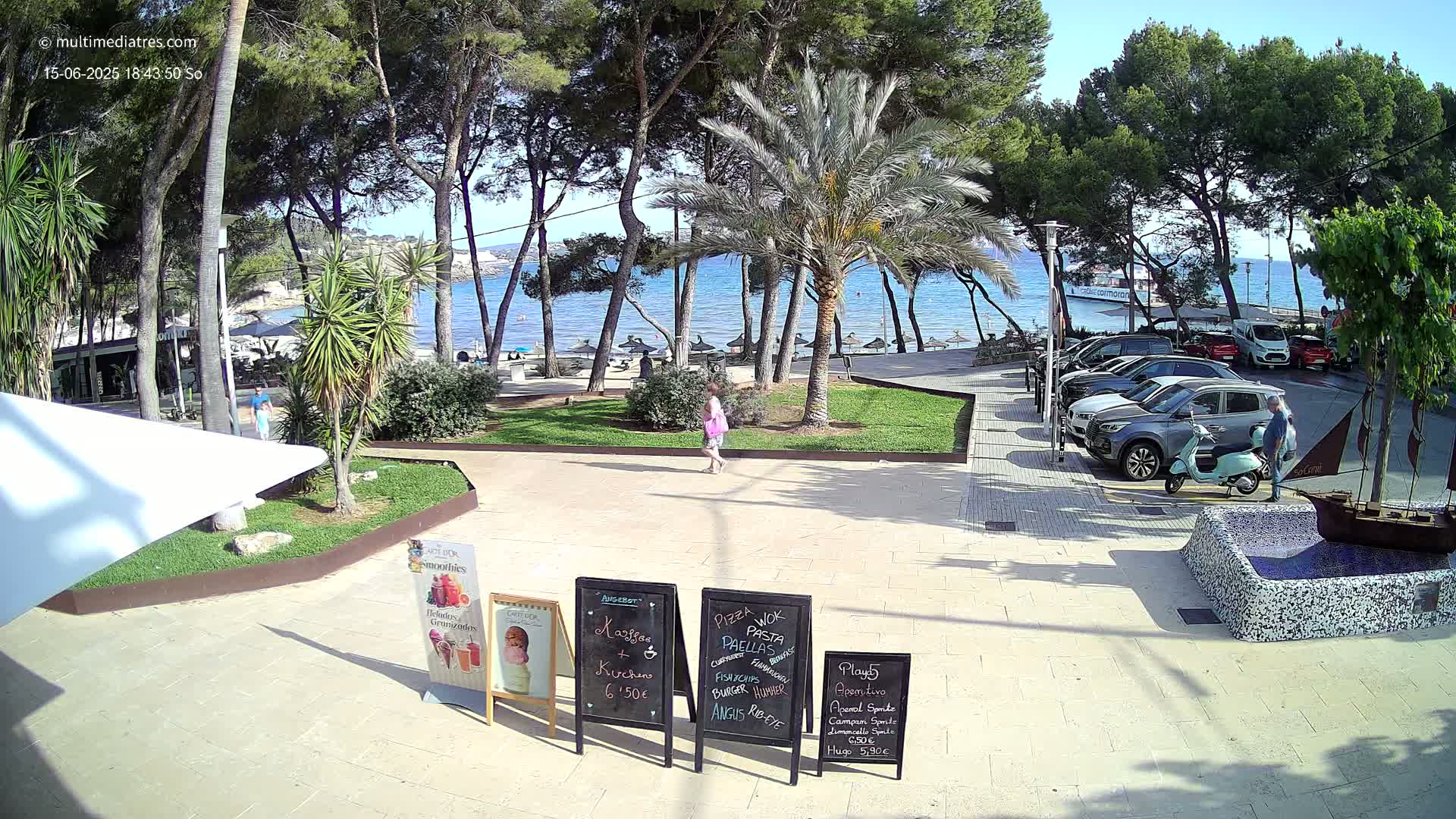 A paved area with palm trees and other greenery overlooks a beach with calm blue water under a sunny sky, with several cars parked nearby.