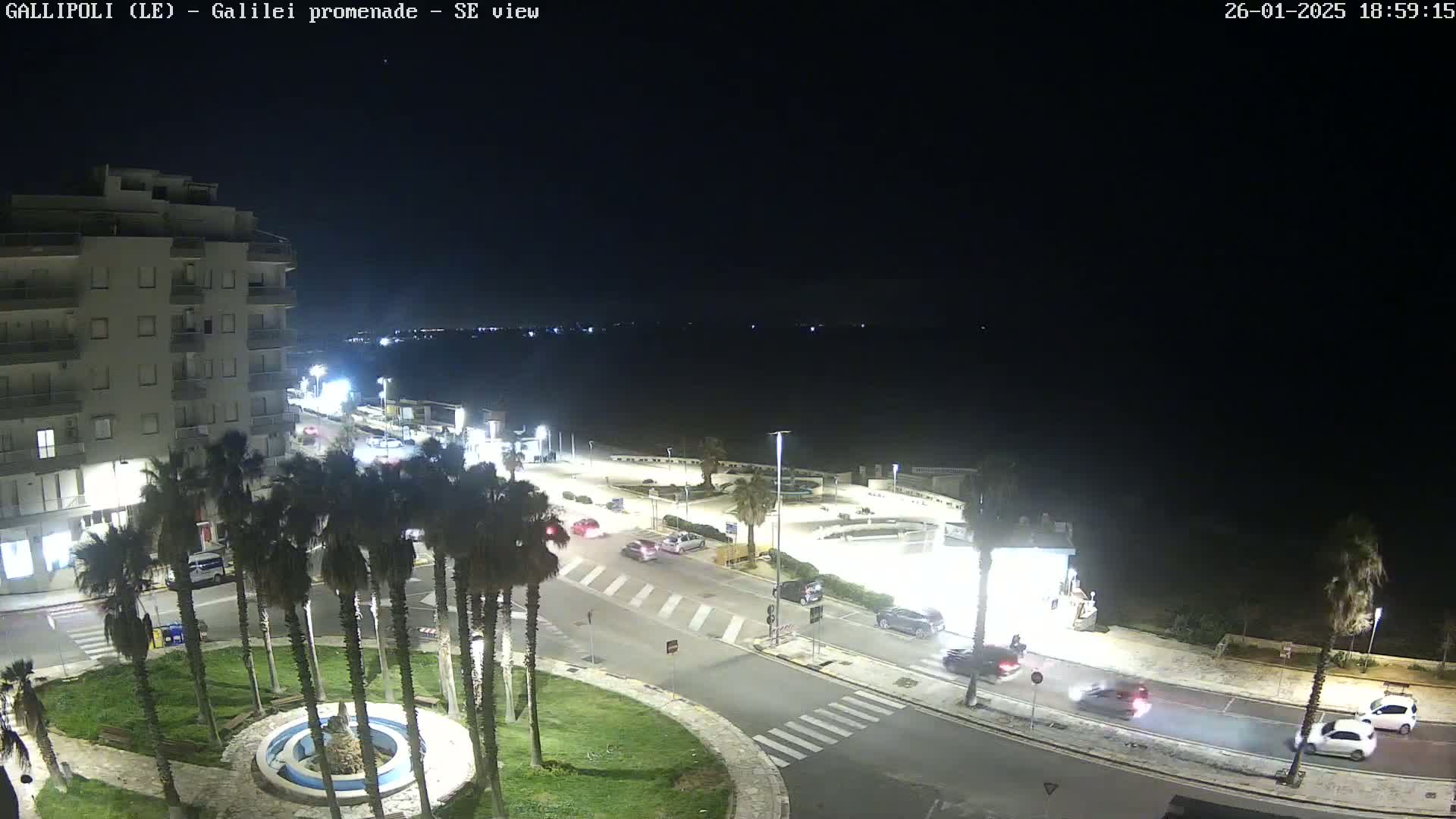 A nighttime, high-angle view shows a seaside promenade with palm trees, cars driving on roads, and a multi-story building in the background.