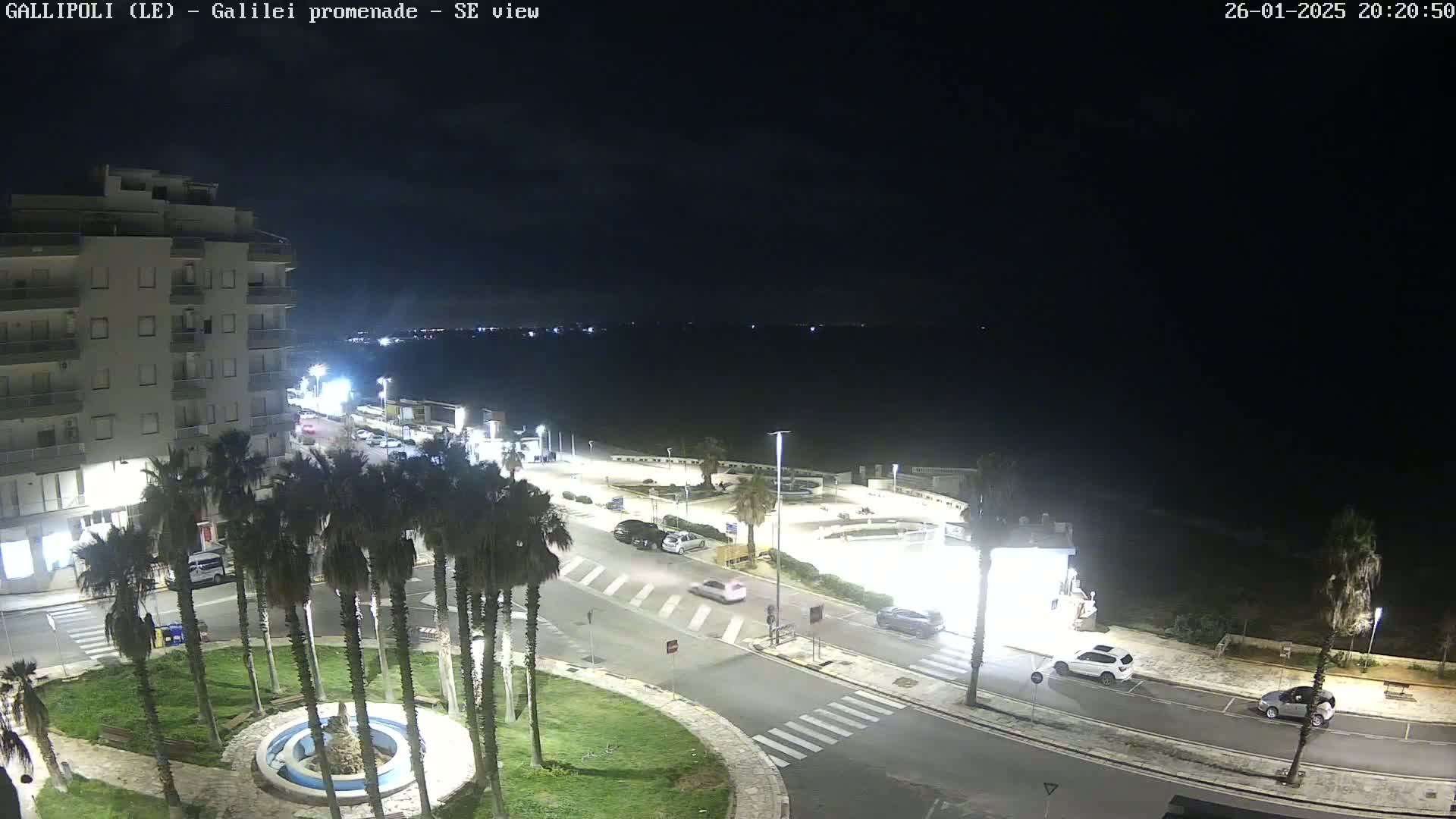 A nighttime, overhead view of a coastal town square with palm trees, a fountain, and several cars parked and driving on the roads near the water.