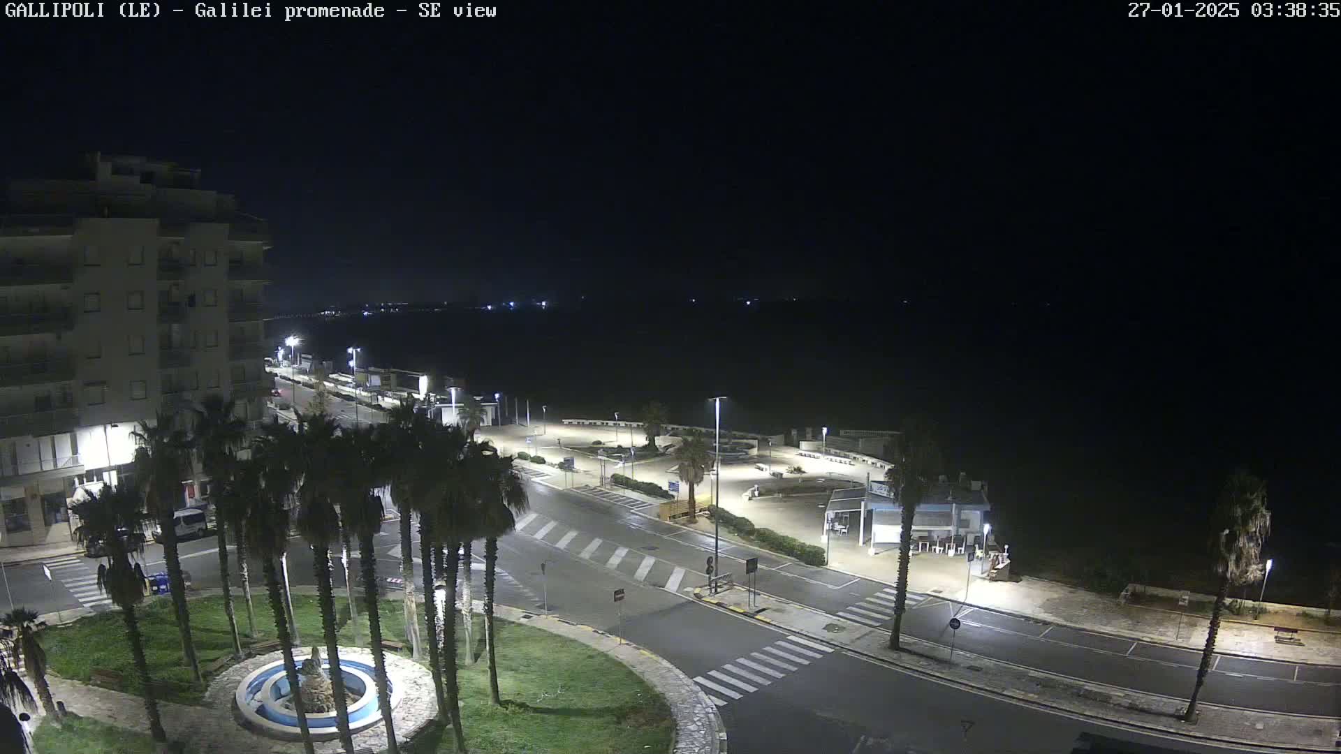 A nighttime, high-angle view of a mostly empty seaside promenade with palm trees, buildings, and wet roadways under a dark sky.