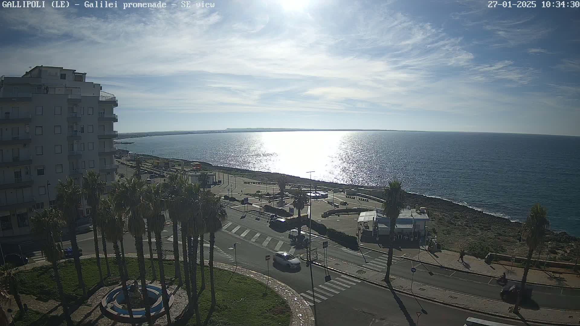 A sunny day overlooking a coastal town with palm trees, a seaside promenade, and a calm, sparkling sea.