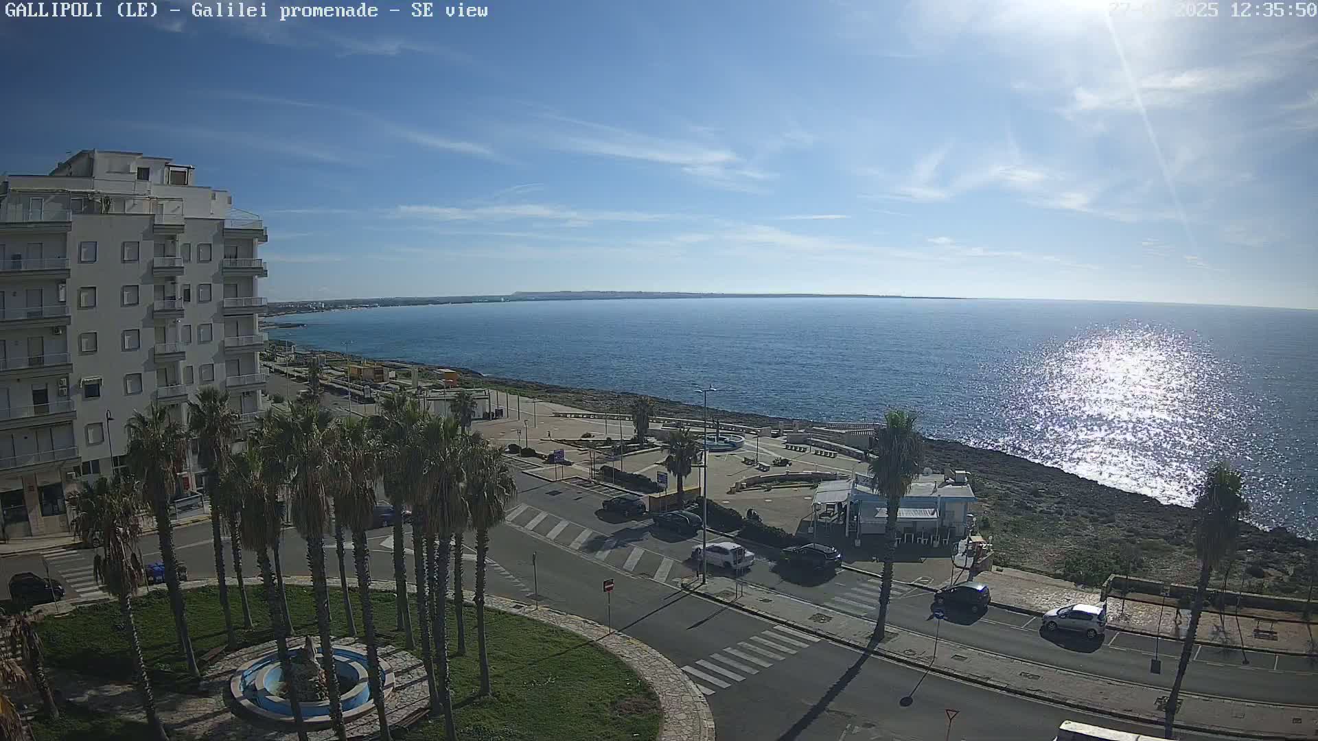 Here is a description of the image: A sunny day overlooking a coastal town, showing a seaside promenade with palm trees, buildings, cars, and a calm, sparkling ocean.