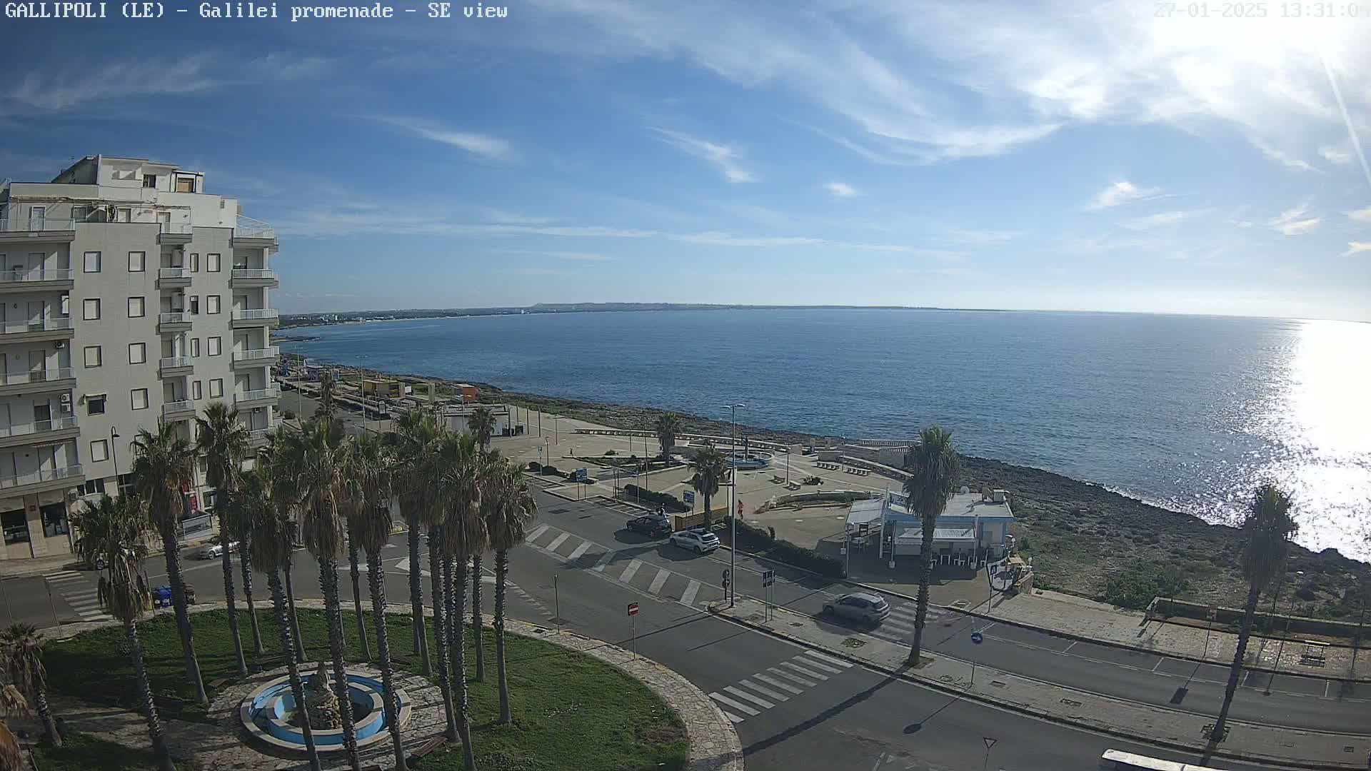 A sunny day overlooks a seaside town with palm trees lining a promenade next to a calm, sparkling ocean.