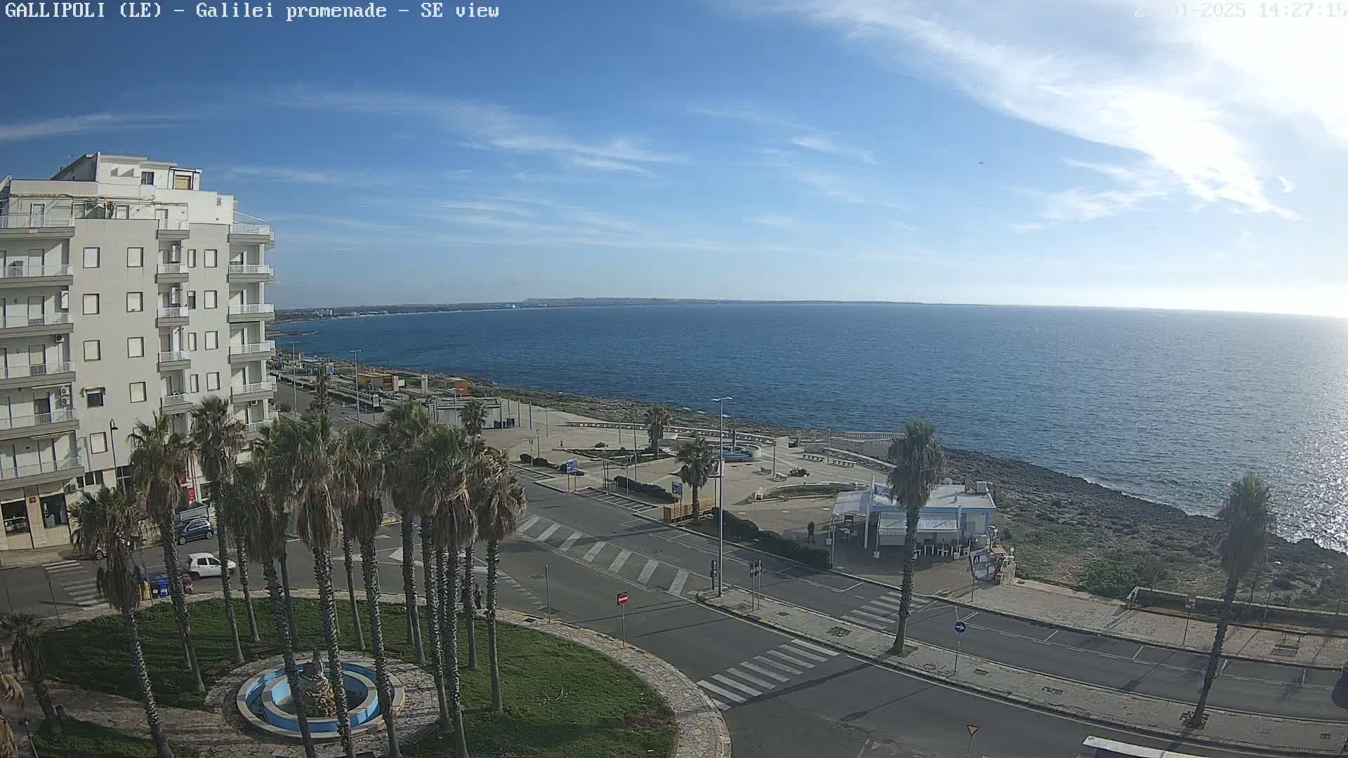 A seaside town scene on a partly cloudy day shows a multi-story building, palm trees, a roadway, and a calm ocean.