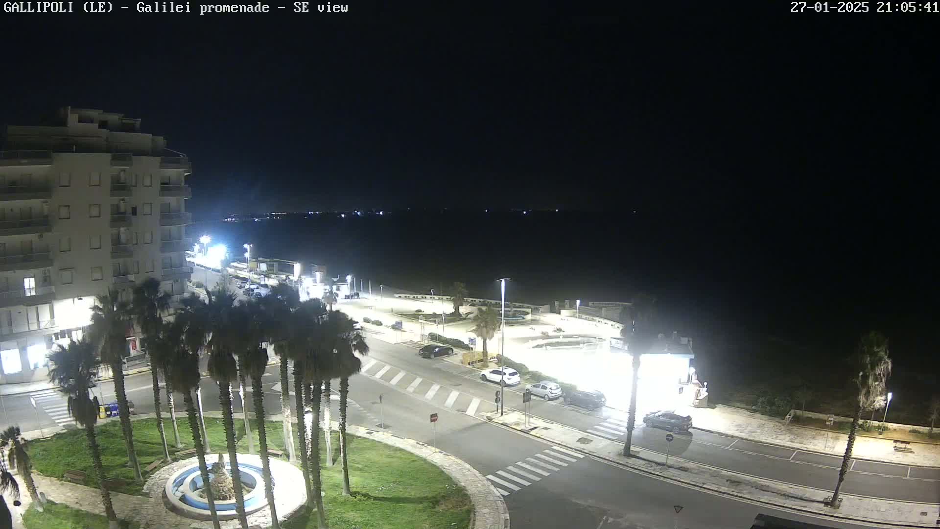 A nighttime, brightly-lit view of a seaside promenade with palm trees, cars parked along the road, and a multi-story building in the background.