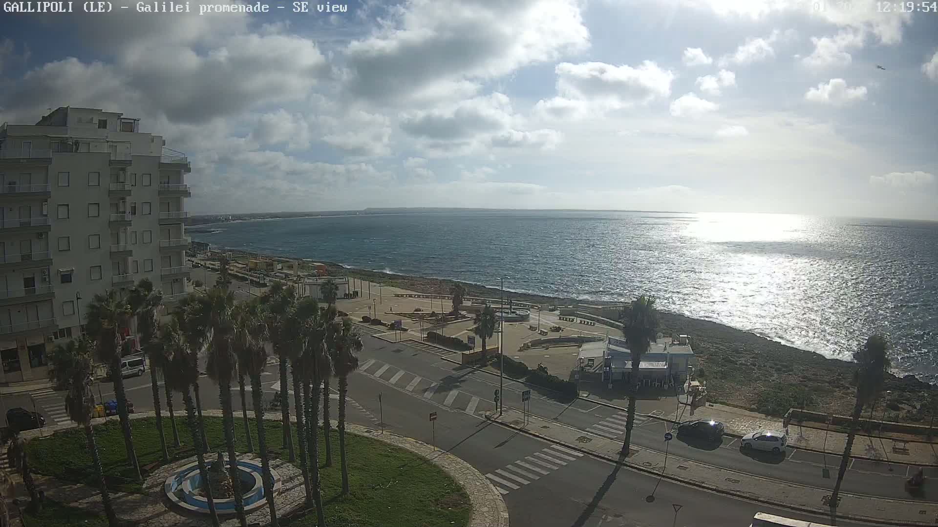A partly sunny day overlooks a seaside promenade with palm trees, buildings, and a few cars under a mostly cloudy sky.