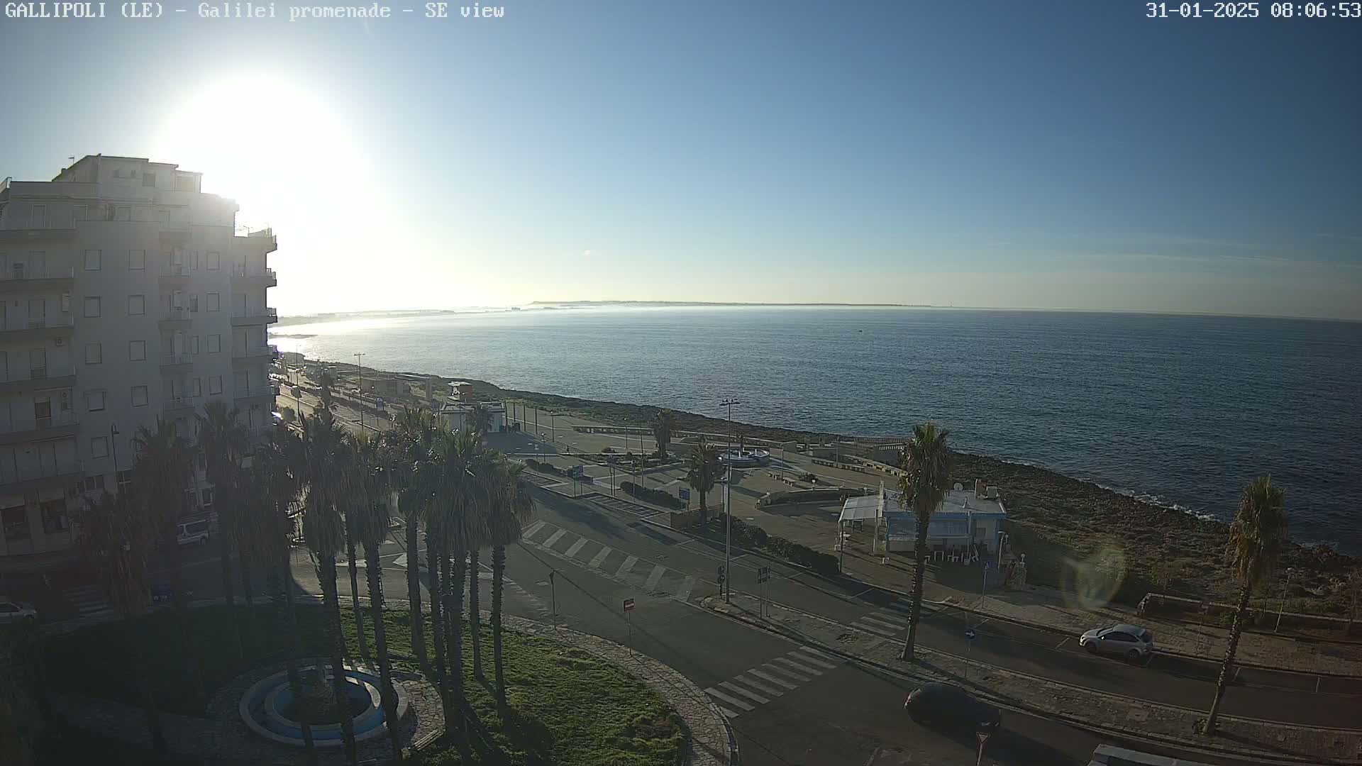 A sunny day overlooking a calm sea from a coastal promenade, showing a multi-story building, palm trees, and a few parked cars.