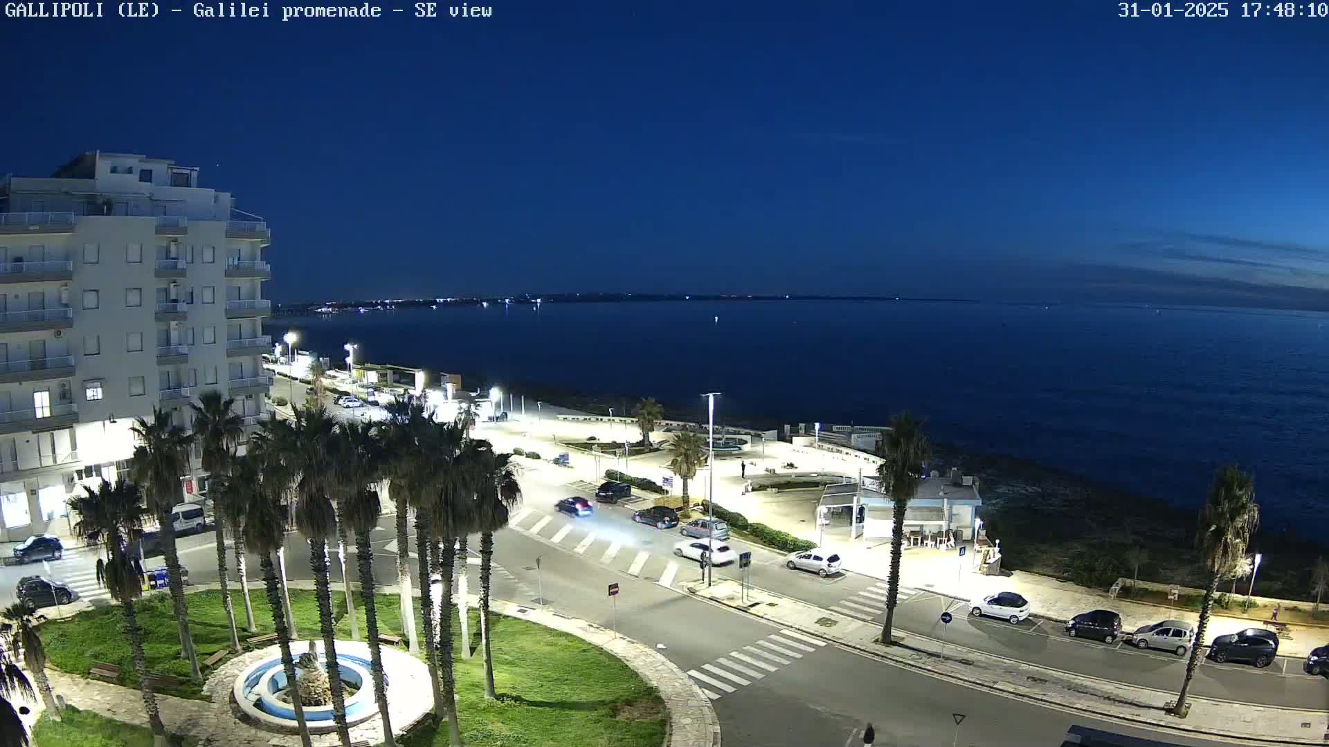 A nighttime seaside view shows a street with cars, palm trees, and a building overlooking a calm, dark-blue sea under a twilight sky.
