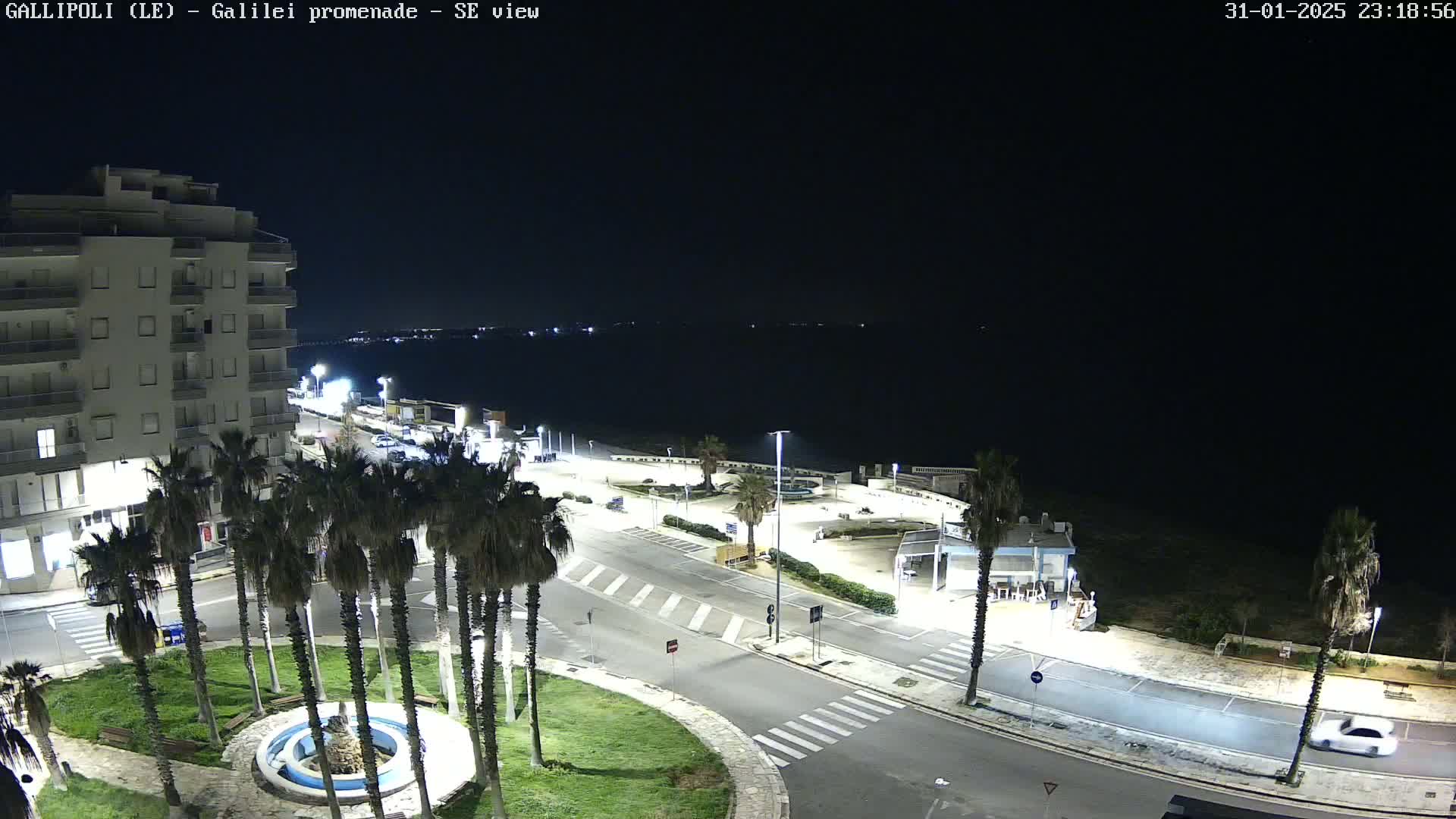 A nighttime, high-angle view of a seaside town featuring a multi-story building, palm trees lining a roadway near a fountain, and a dark body of water in the background.