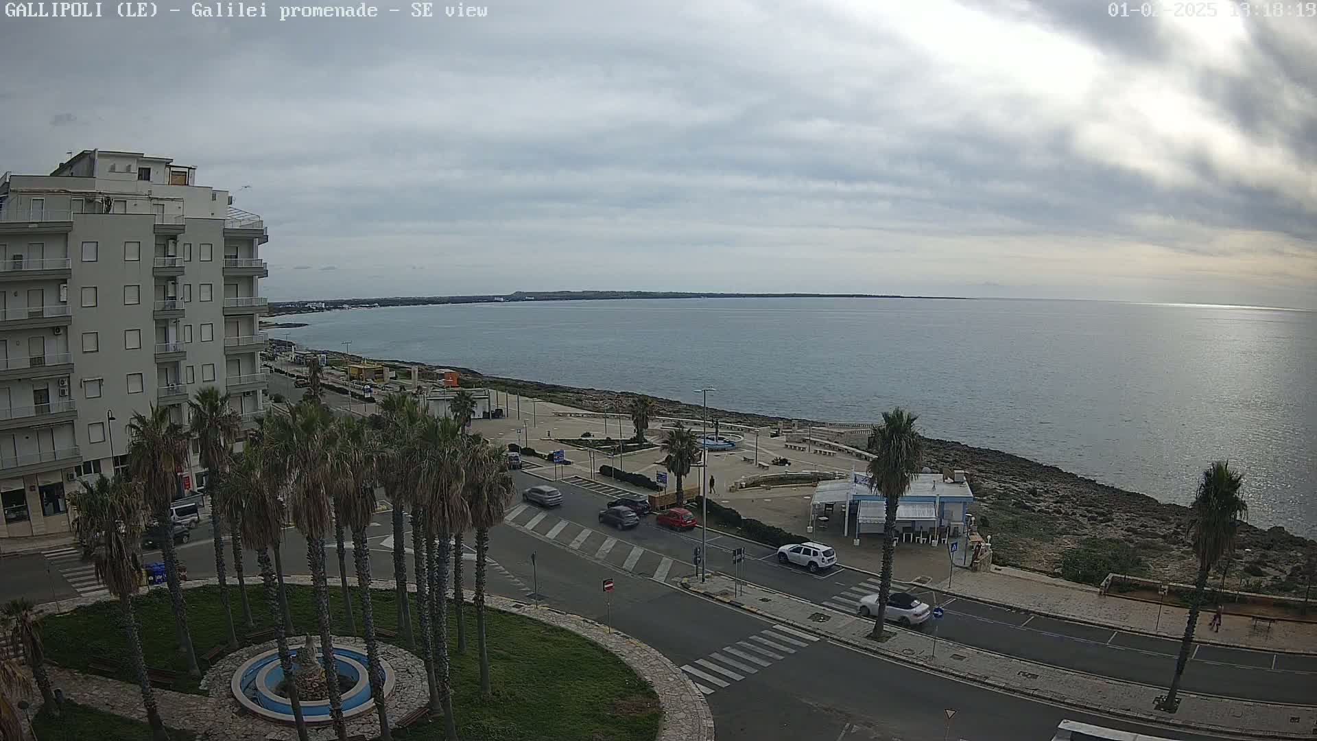 A seaside promenade with palm trees, a few cars, and a multi-story building is visible under an overcast sky.