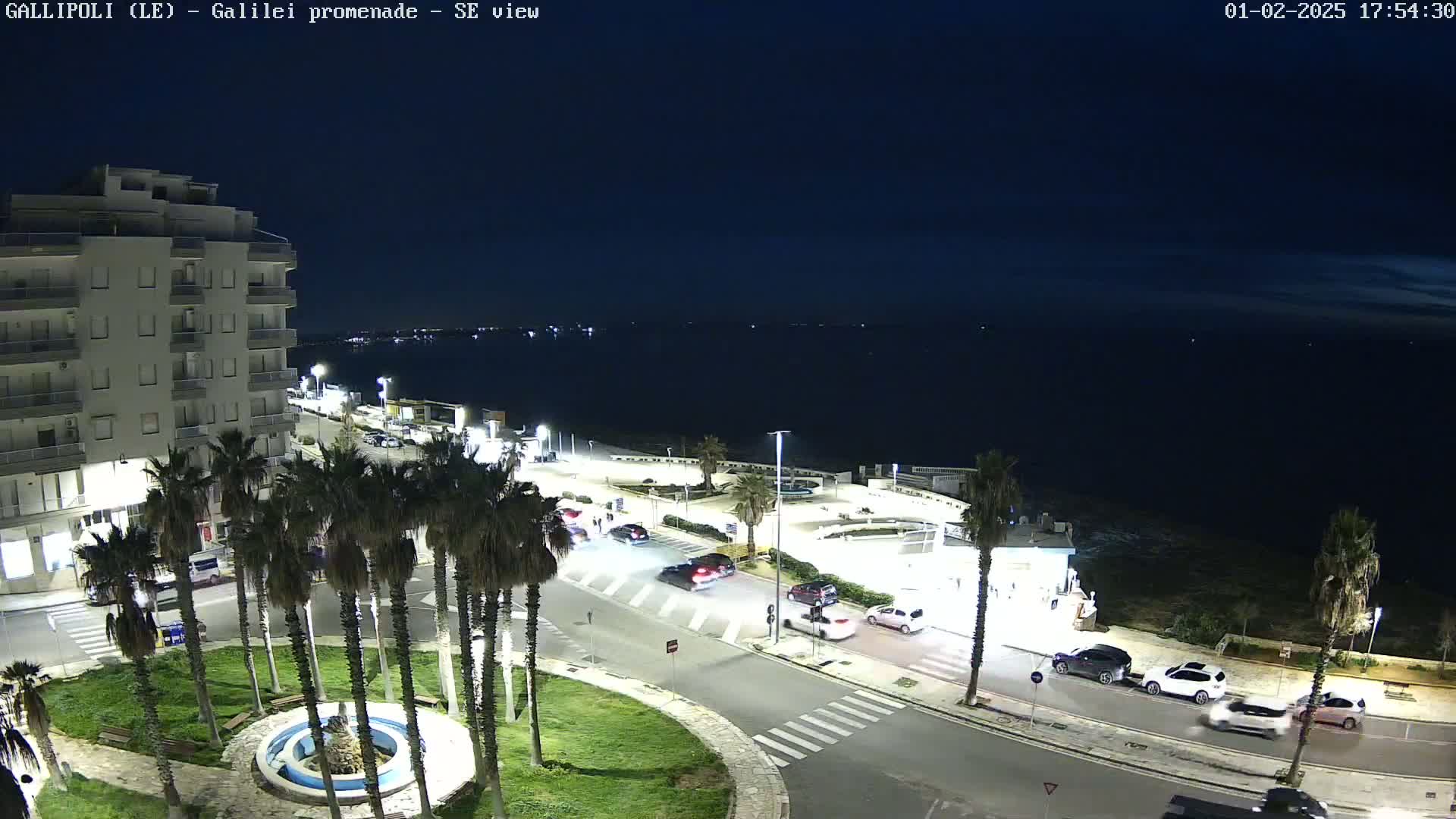 A nighttime, high-angle view of a coastal city street with palm trees, cars, and a building overlooking a dark ocean.