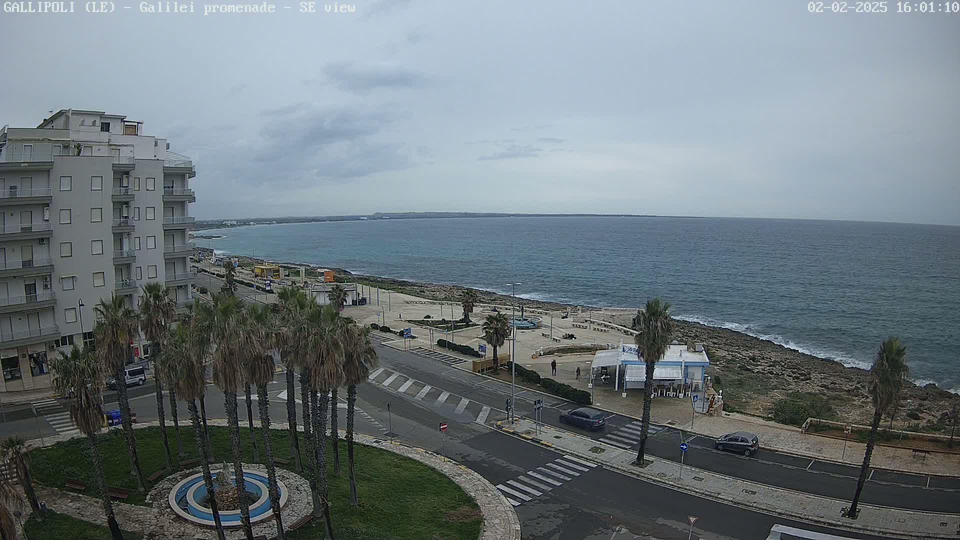 A seaside town on a cloudy day features a paved road lined with palm trees leading to a rocky shoreline and calm ocean.