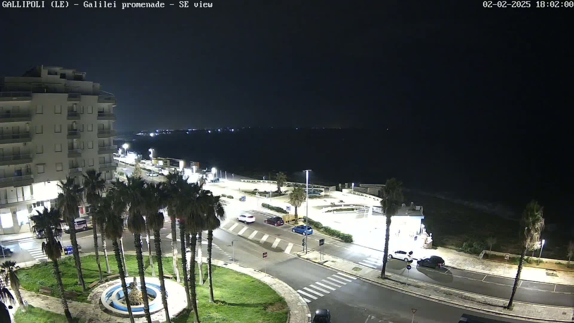 A nighttime, high-angle view of a seaside promenade with palm trees, cars, and a multi-story building, under a dark sky.