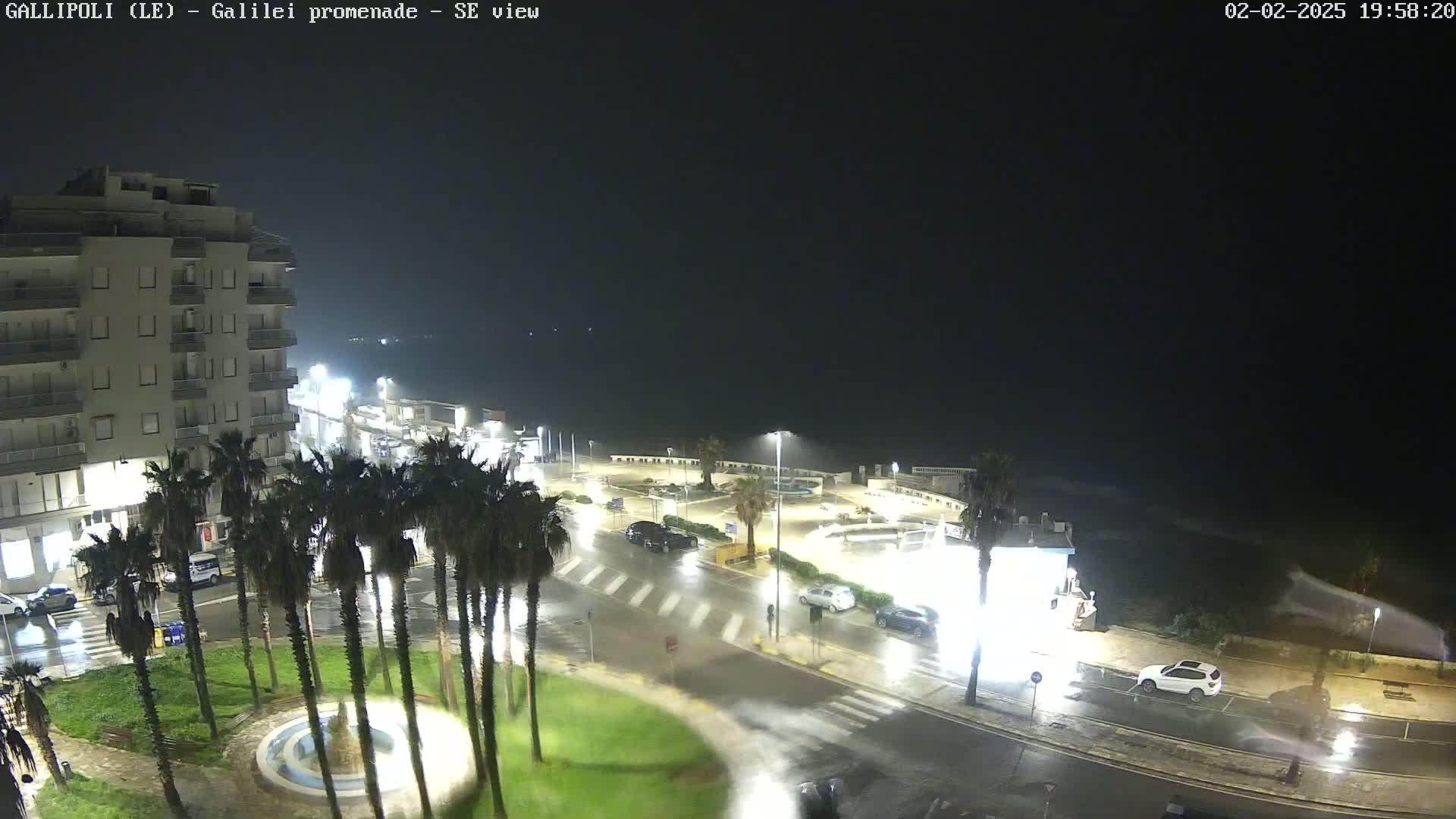 A nighttime, rainy scene shows a coastal area with palm trees, a building, and cars parked along a wet road near the ocean.